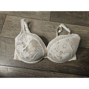Cacique Modern Lace Covered Balconette Bra 38D White Beige Closure Padded